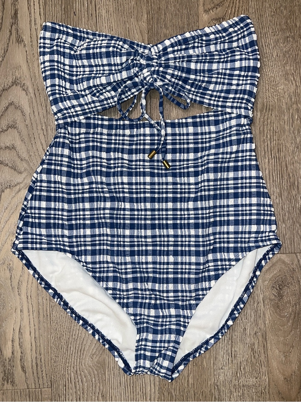 Time and Tru Navy and White Plaid One-Piece Swimsuit with Front Tie